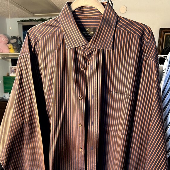 Bugatchi Brown w Orange Stripes 100% Cotton Long-Sleeve Button-Up SZ XL - Picture 1 of 5